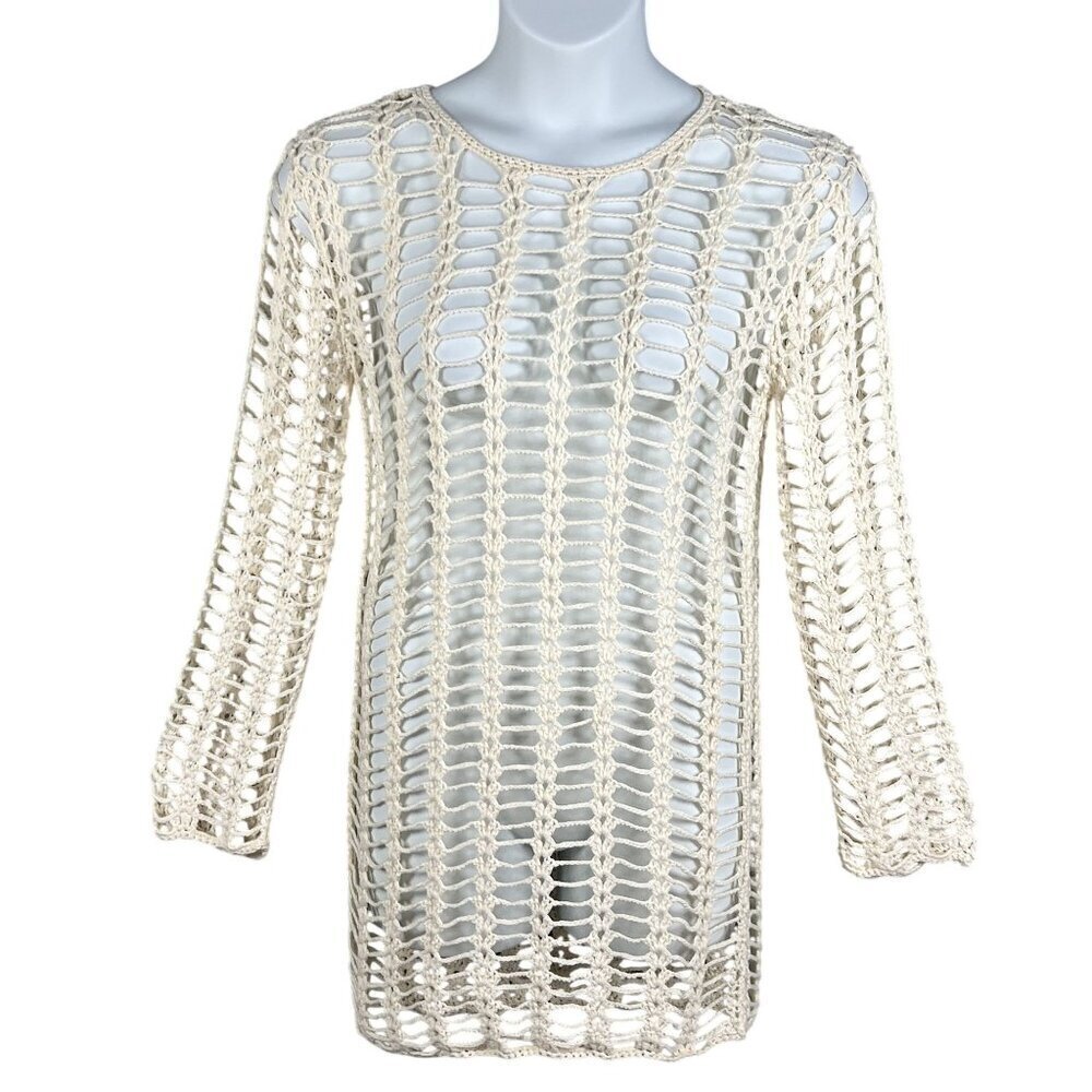 Superdown Med Miranda Crochet Mini Dress Open-Knit Bell Sleeves Beachy Vacation
